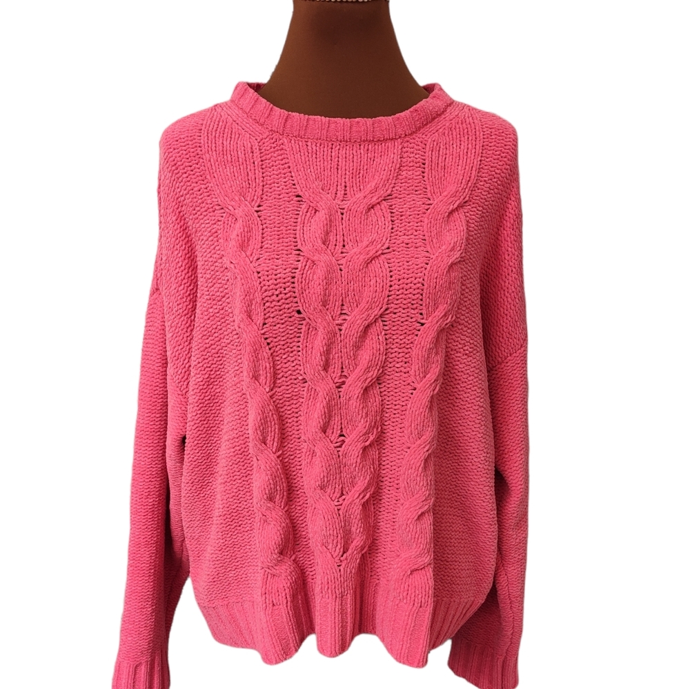 American Eagle Women's Pink Crochet Pullover SWEATER Poly Chunky Cable Knit, XL